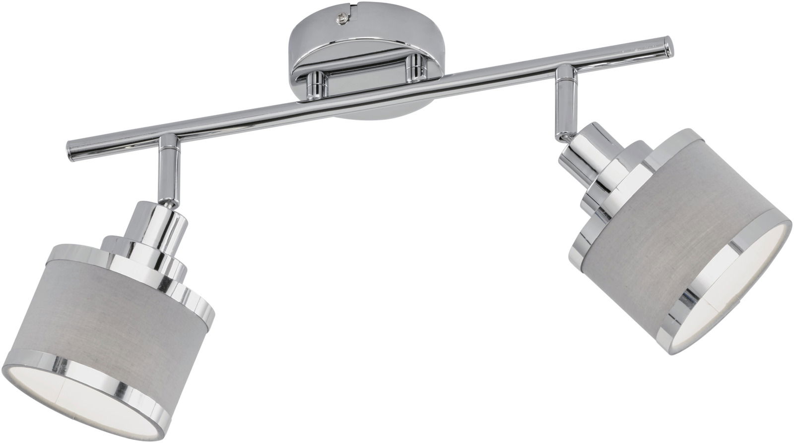 Zweiflammiger Strahler mit verchromtem Gestell und grauen Lampenschirmen, seitliche Perspektive