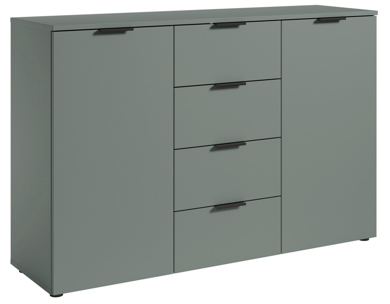 Graues Sideboard mit zwei Türen und vier Schubladen, seitliche Perspektive