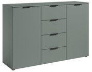 Graues Sideboard mit zwei Türen und vier Schubladen, seitliche Perspektive