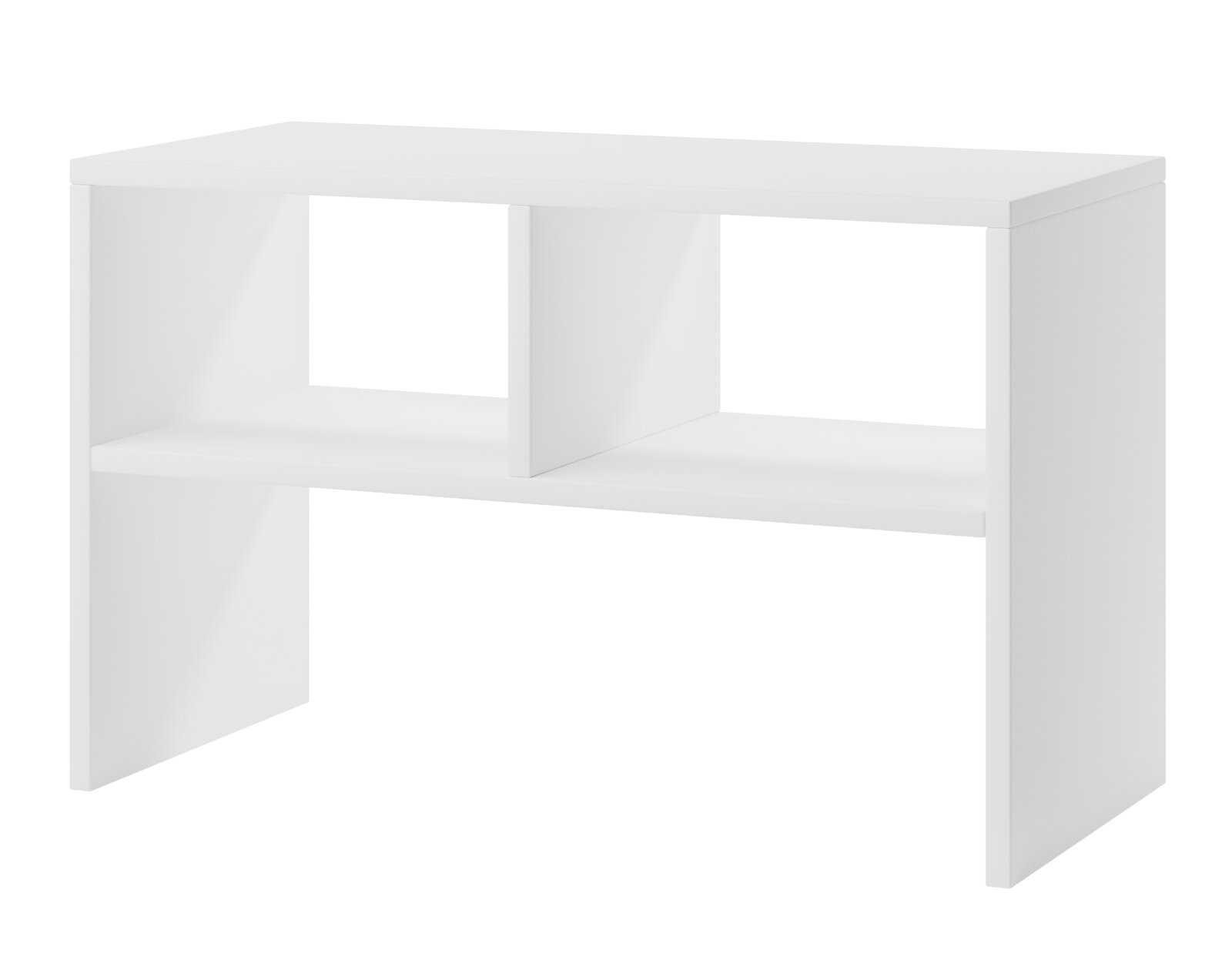 Weißer, minimalistischer Schreibtisch/Computertisch mit integriertem Regal und zwei Ablagefächern, freistehend – Ansicht schräg von vorne rechts.