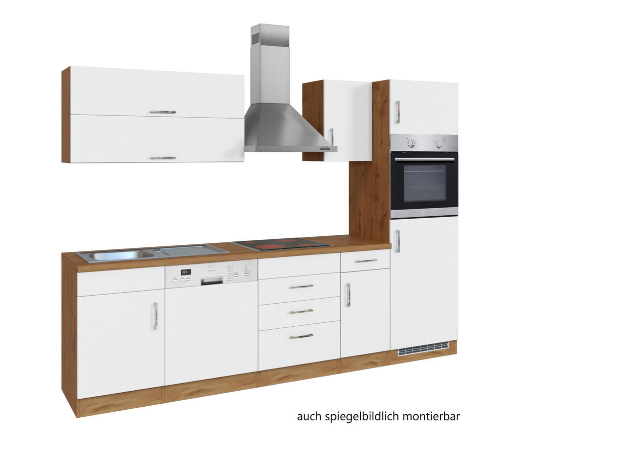 Held Möbel Küchenzeile SORRENTO Moderne Küchenzeile in Holzoptik mit weißen Fronten, bestehend aus Hängeschränken, Herd, Spüle und Dunstabzugshaube, perspektivisch von vorne rechts betrachtet.