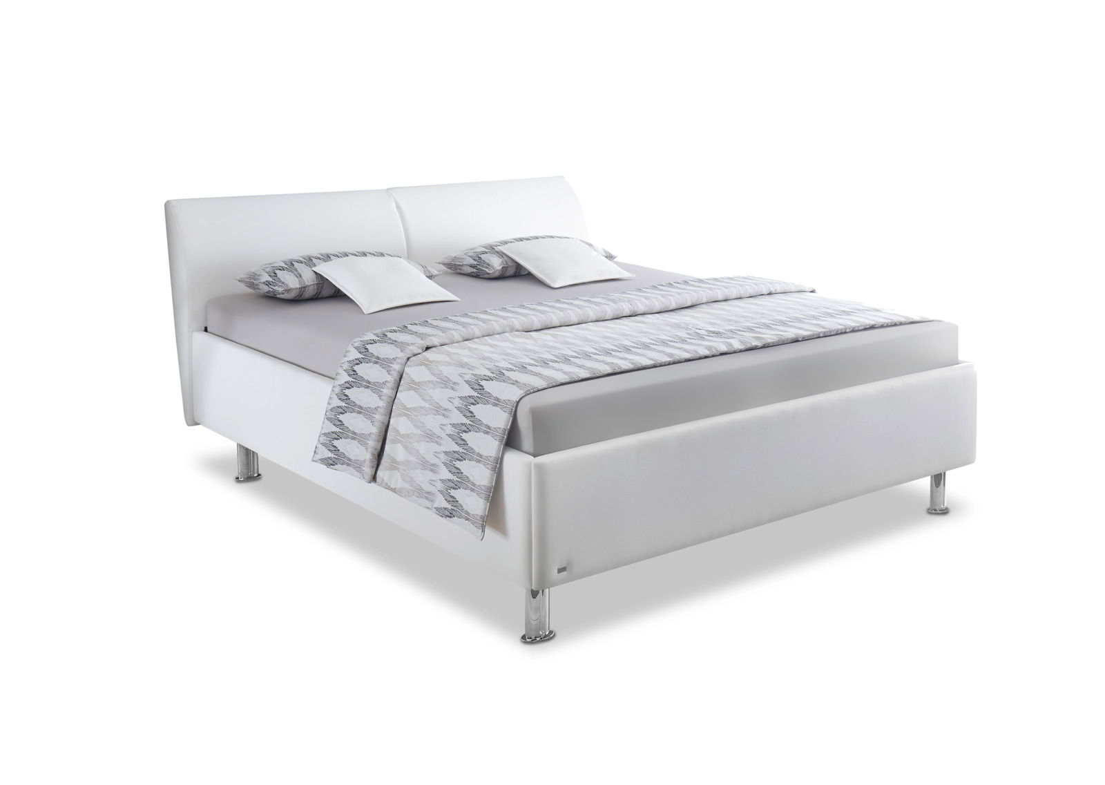 Weißes Polsterbettgestell mit Kopfteil, seitlicher Blickwinkel