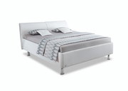 Weißes Polsterbettgestell mit Kopfteil, seitlicher Blickwinkel