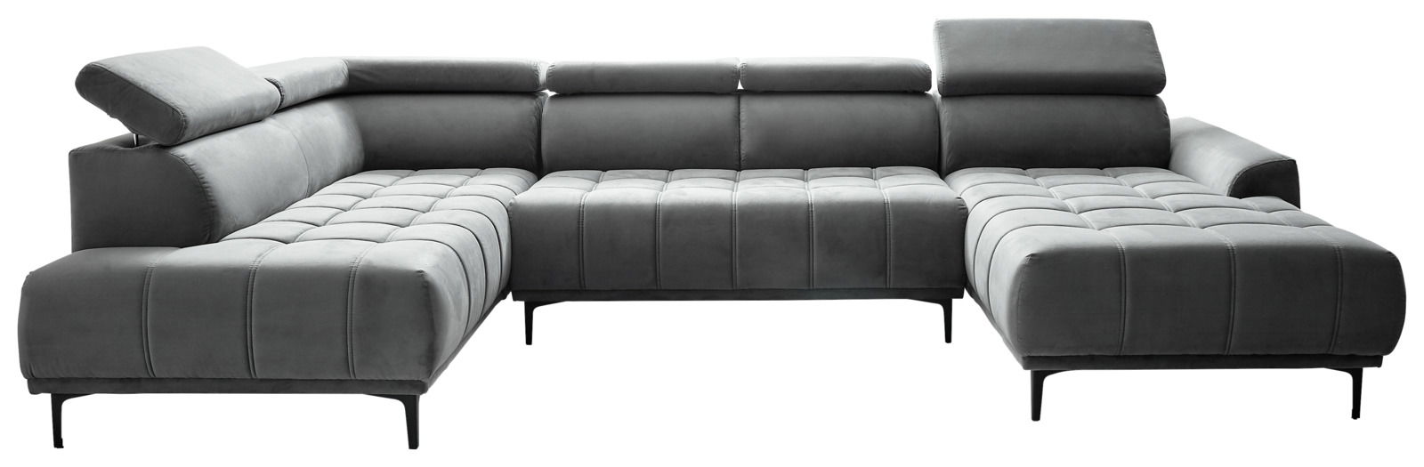 Graue Polsterrundecke in L-Form mit verstellbaren Kopfstützen, Vorderansicht