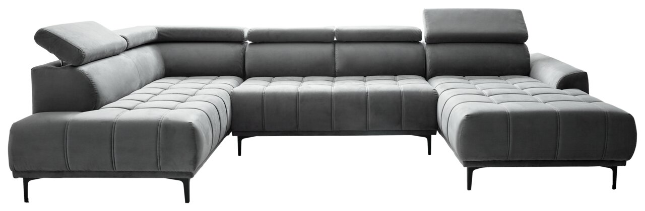 Graue Polsterrundecke in L-Form mit verstellbaren Kopfstützen, Vorderansicht