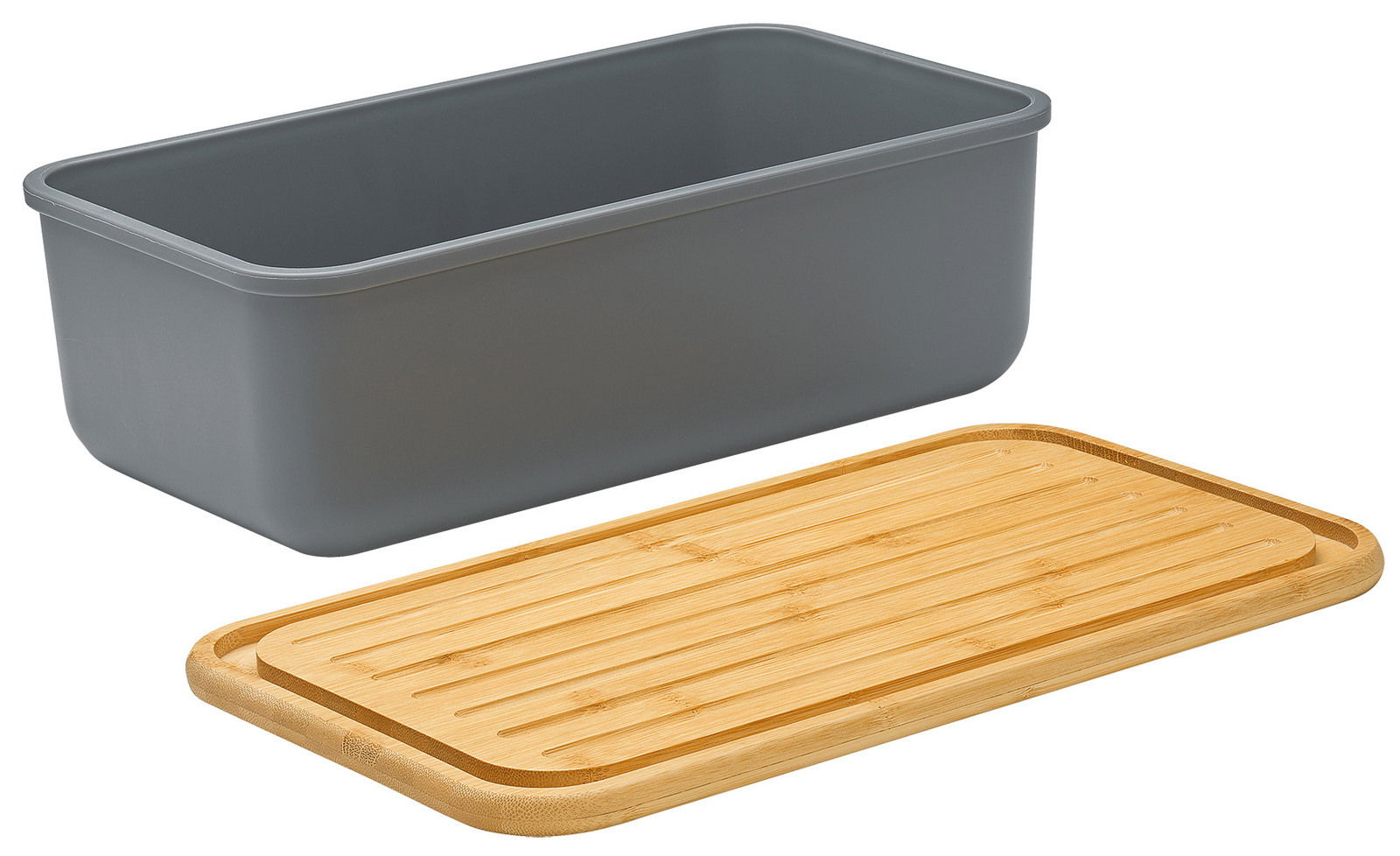 Grauer Brotkasten LOFT mit abnehmbarem Bambusdeckel, seitliche Perspektive