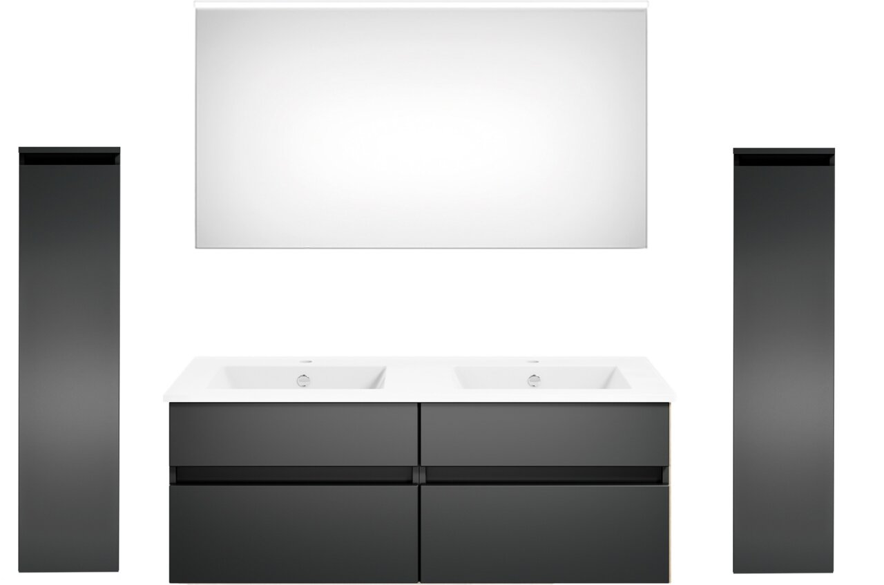 Puris Badkombination GET2YOU 21 Moderne Badkombination mit zwei Waschbecken, großem Spiegel und zwei hohen, dunklen Schränken, frontal betrachtet.