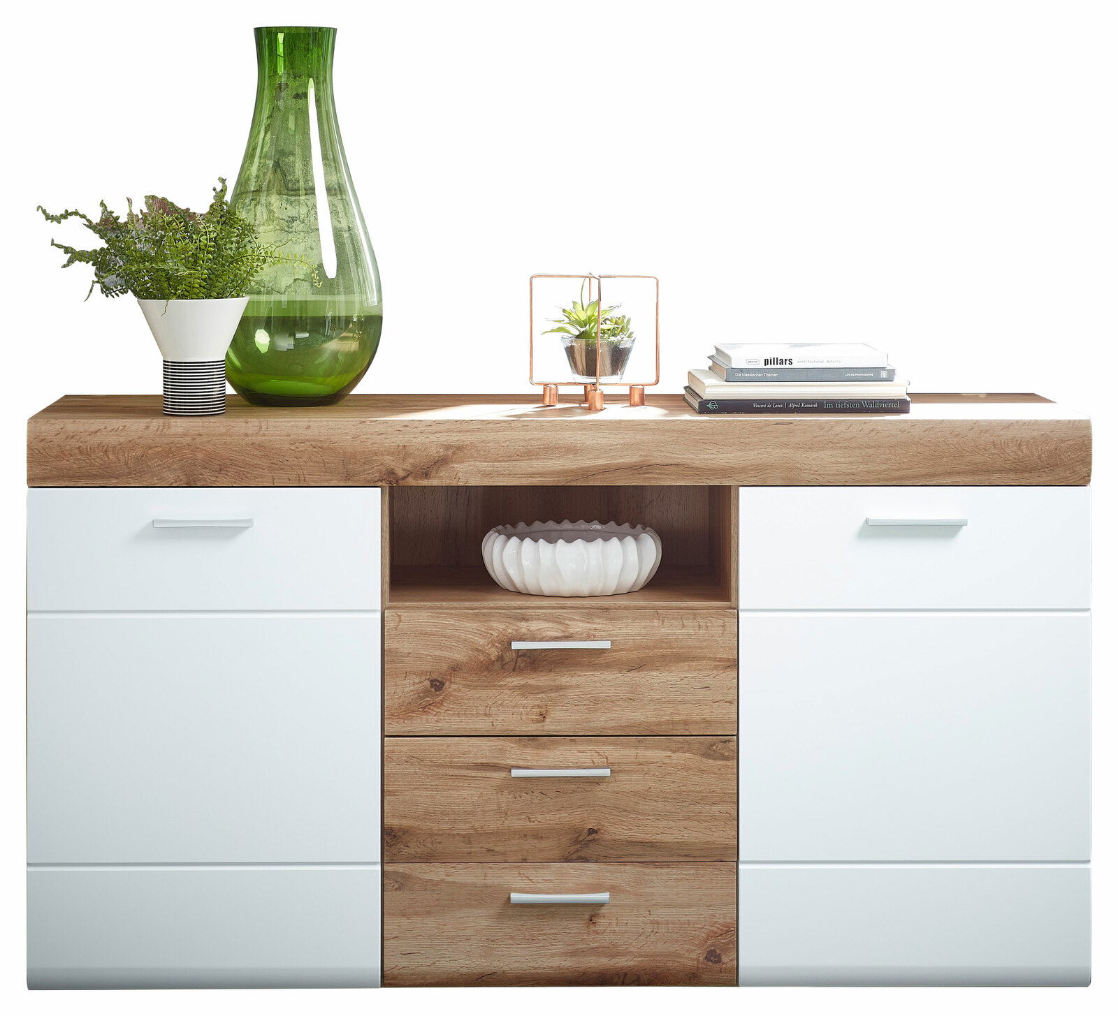 Frontale Ansicht eines modernen Sideboards mit weißem und holzfarbenem Design, dekoriert mit einer grünen Vase, Pflanzen und Büchern.