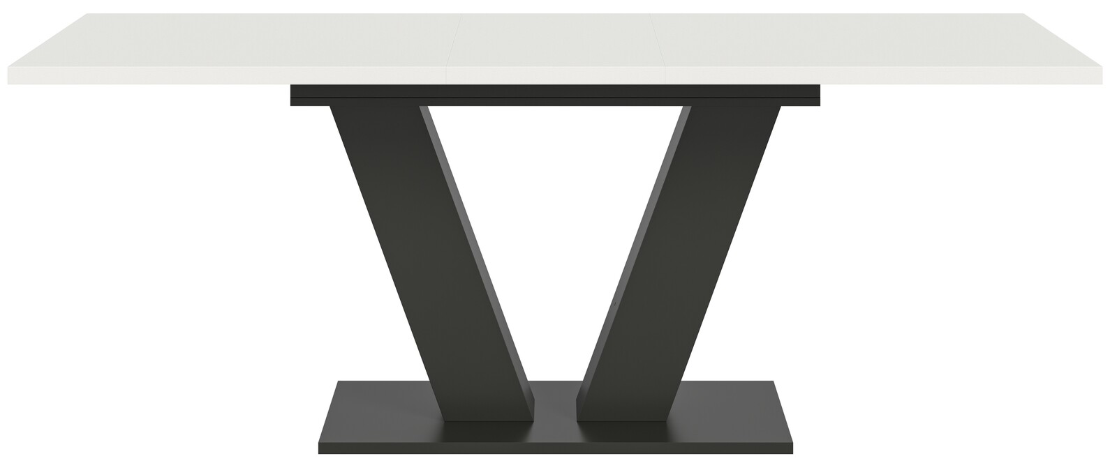 Moderner Esstisch mit weißer Tischplatte und schwarzem V-förmigem Gestell, Frontalansicht.