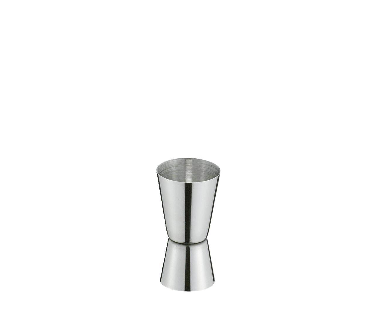 Silberner Jigger aus Edelstahl, frontal fotografiert, Teil des Bar Set Cosmopolitan 5tlg