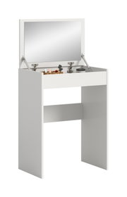 Weißer Schminktisch/Waschtisch mit aufklappbarer Spiegelplatte und Stauraumfach, Produktansicht schräg von vorn bei geöffnetem Deckel
