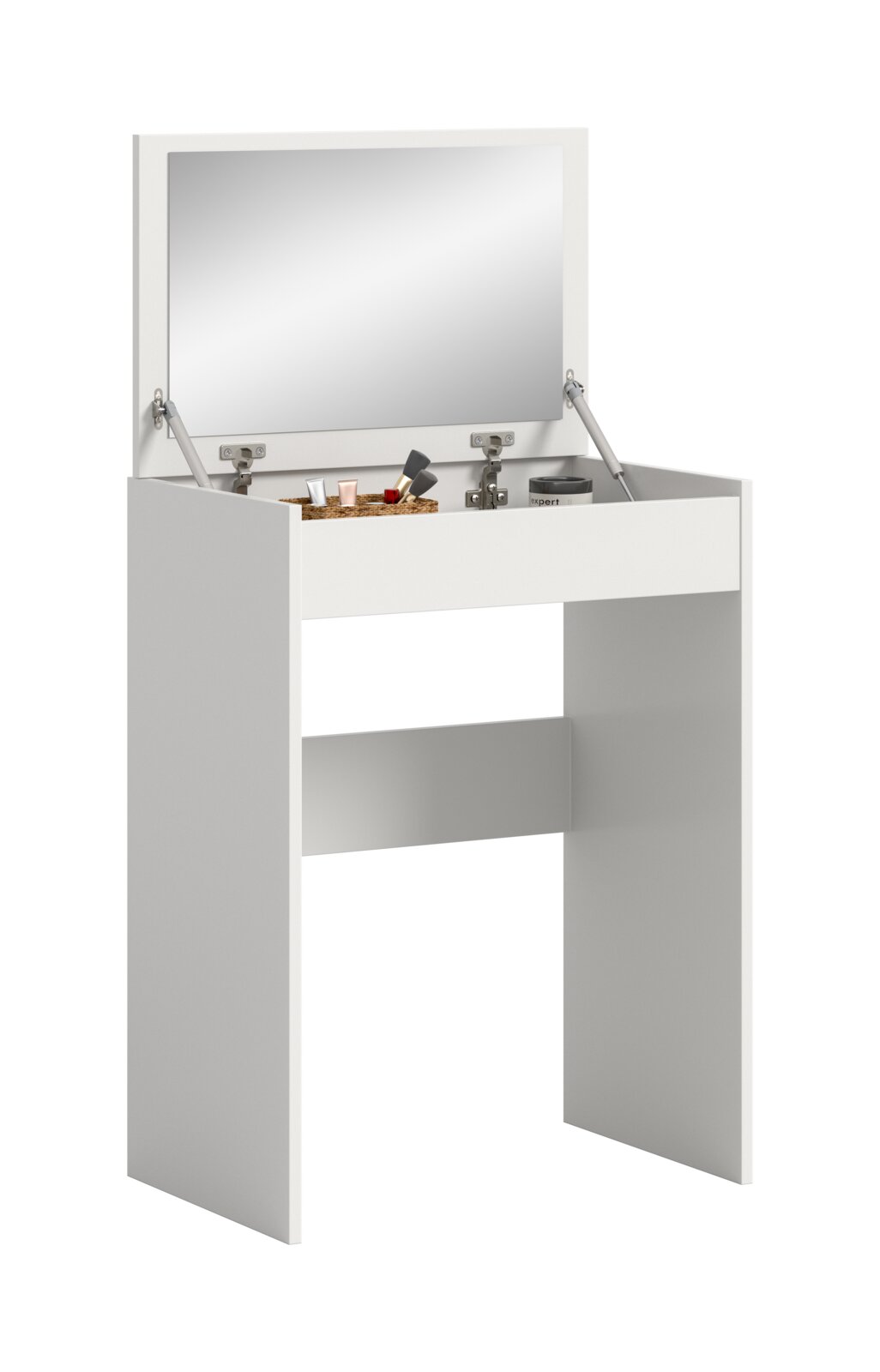 Weißer Schminktisch/Waschtisch mit aufklappbarer Spiegelplatte und Stauraumfach, Produktansicht schräg von vorn bei geöffnetem Deckel