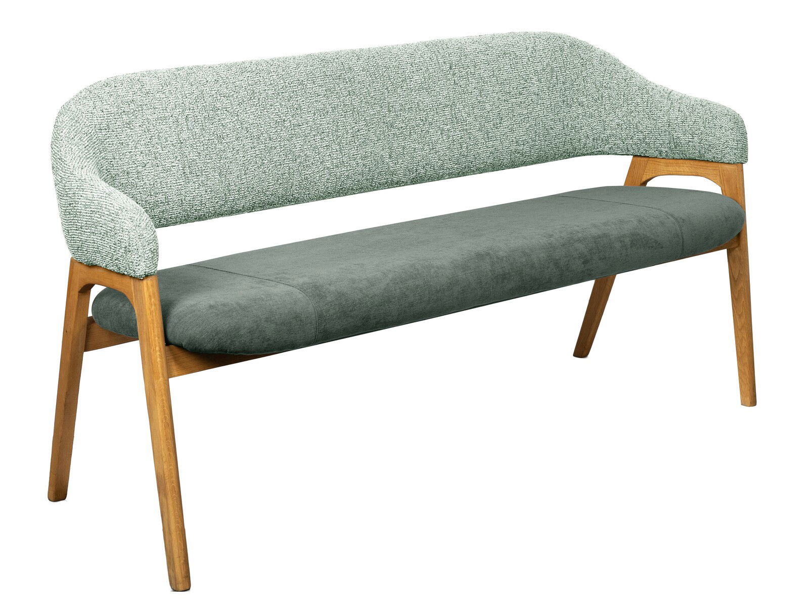 Moderne Sitzbank mit grünem Stoffbezug und Holzbeinen, seitliche Perspektive