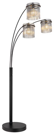 Moderne Stehleuchte GORLEY mit drei gebogenen Armen und zylindrischen Lampenschirmen aus Metall, seitliche Perspektive