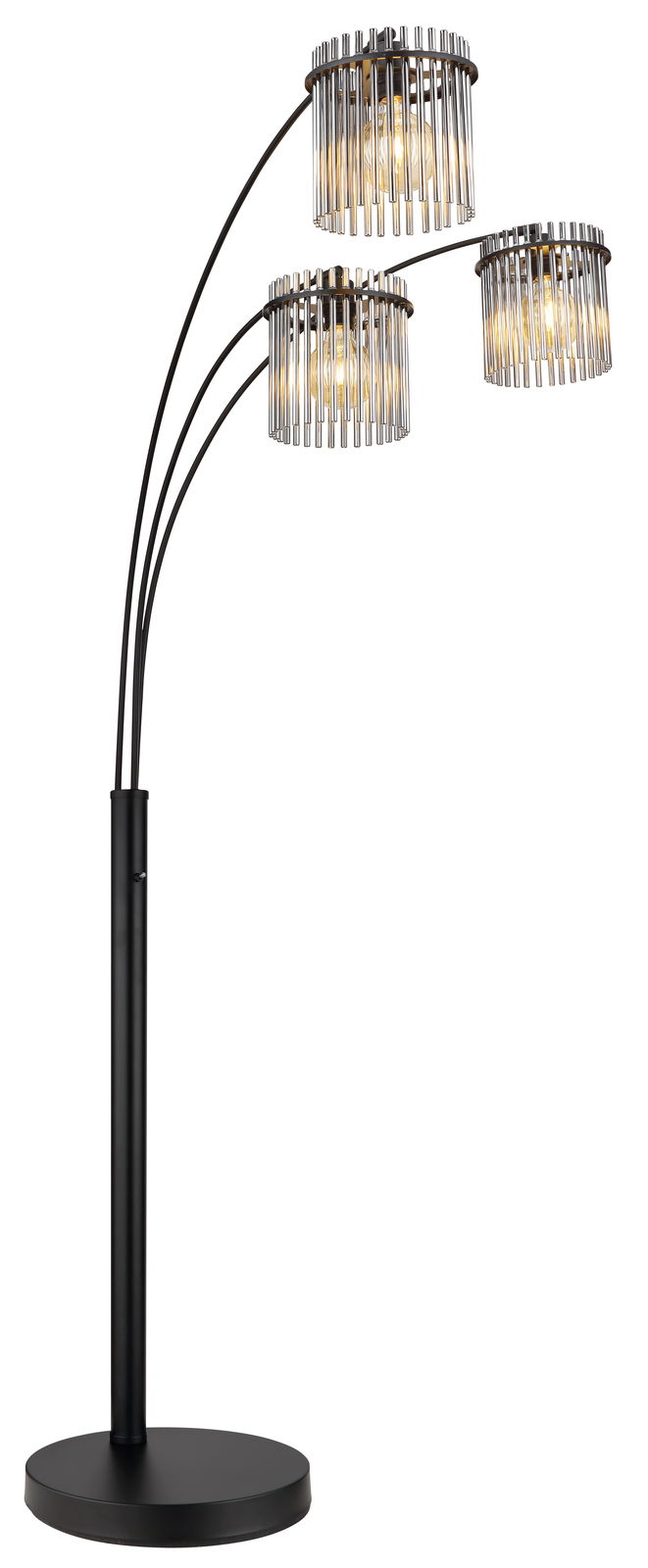 Moderne Stehleuchte GORLEY mit drei gebogenen Armen und zylindrischen Lampenschirmen aus Metall, seitliche Perspektive