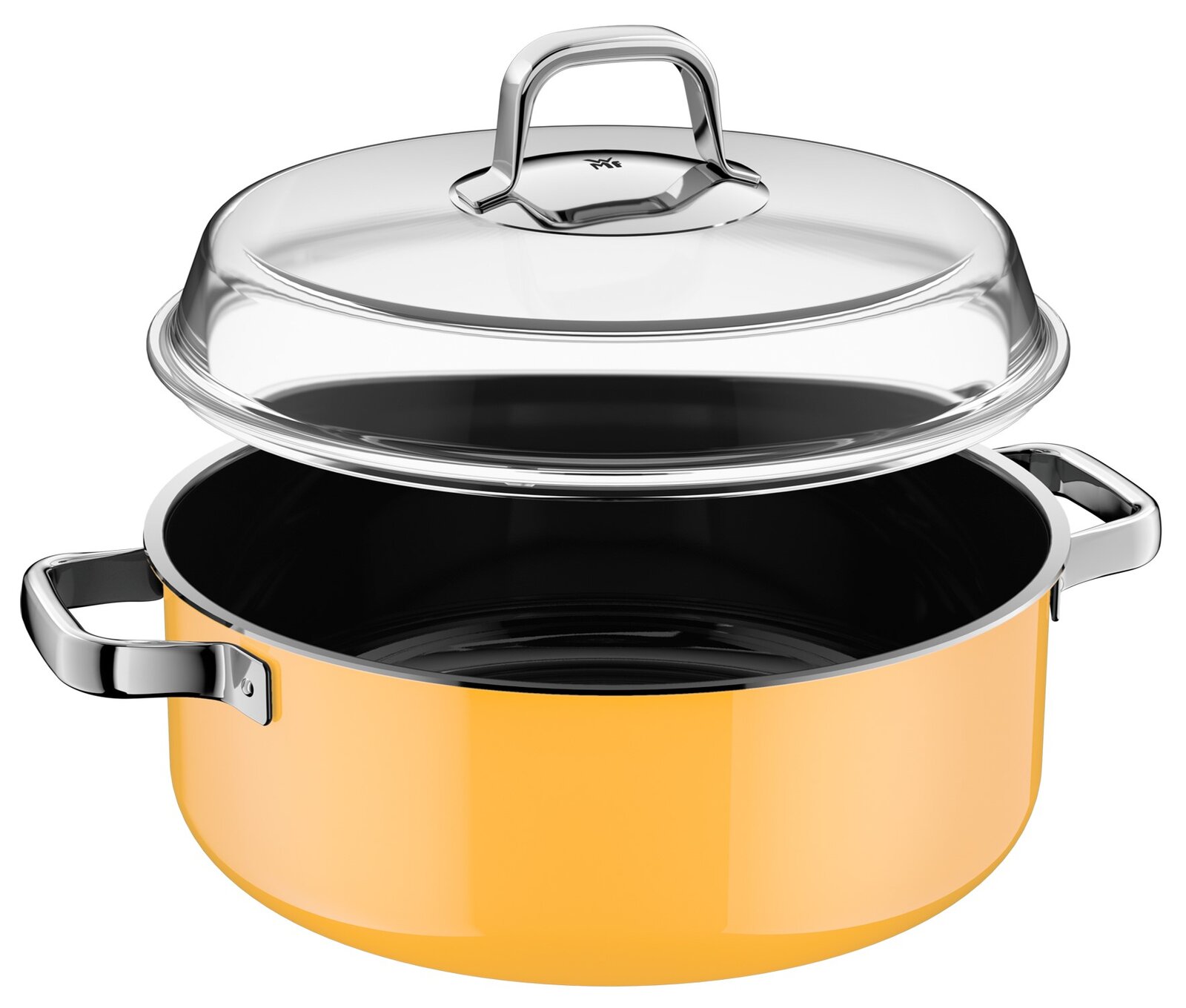 Schmortopf 28cm mit Deckel in gelber Farbe, seitliche Perspektive, Deckel leicht angehoben