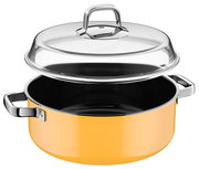 Schmortopf 28cm mit Deckel in gelber Farbe, seitliche Perspektive, Deckel leicht angehoben