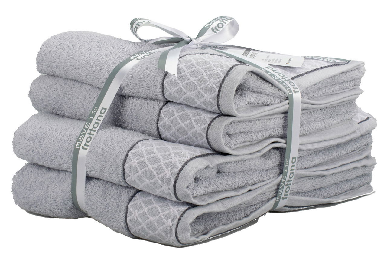 Frottana Handtuchset ORIENTAL ORNAMENTS Ein Stapel grauer Handtücher, gebunden mit einem Band, aus seitlicher Perspektive fotografiert.