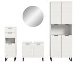 Moderne Badkombination mit weiß gerippten Schränken und rundem Spiegel, Frontalansicht