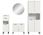 Moderne Badkombination mit weiß gerippten Schränken und rundem Spiegel, Frontalansicht