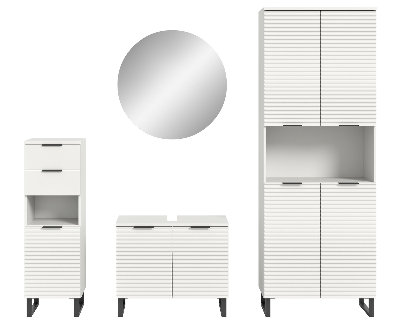 Moderne Badkombination mit weiß gerippten Schränken und rundem Spiegel, Frontalansicht