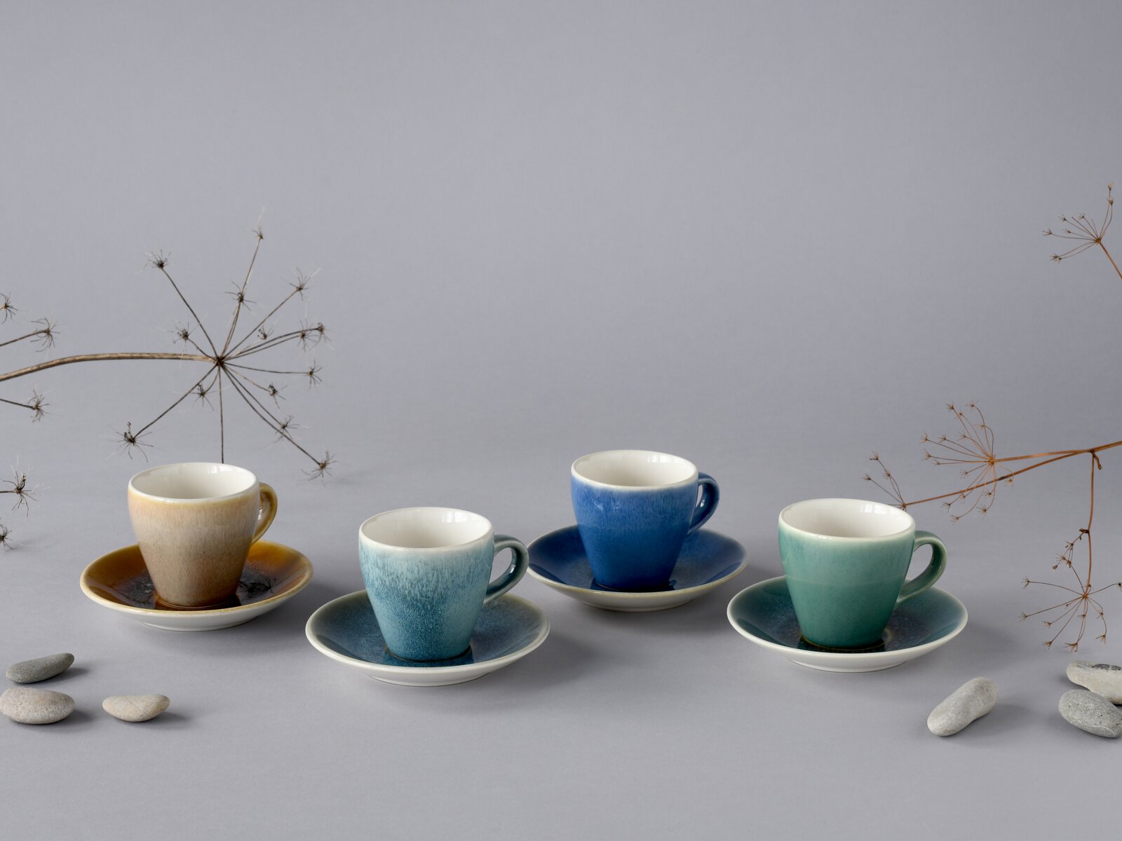 Vier farbige Espressotassen mit passenden Untertassen aus Keramik (Beige, Hellblau, Dunkelblau, Mintgrün) auf grauem Hintergrund mit dekorativen Trockenpflanzen und Kieselsteinen, frontal aus leicht erhöhter Perspektive