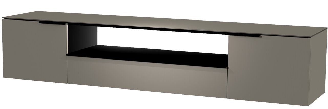 Moderano XL Hänge-Lowboard Serie BORMIO in seitlicher Perspektive, modernes Design mit offenen und geschlossenen Fächern.
