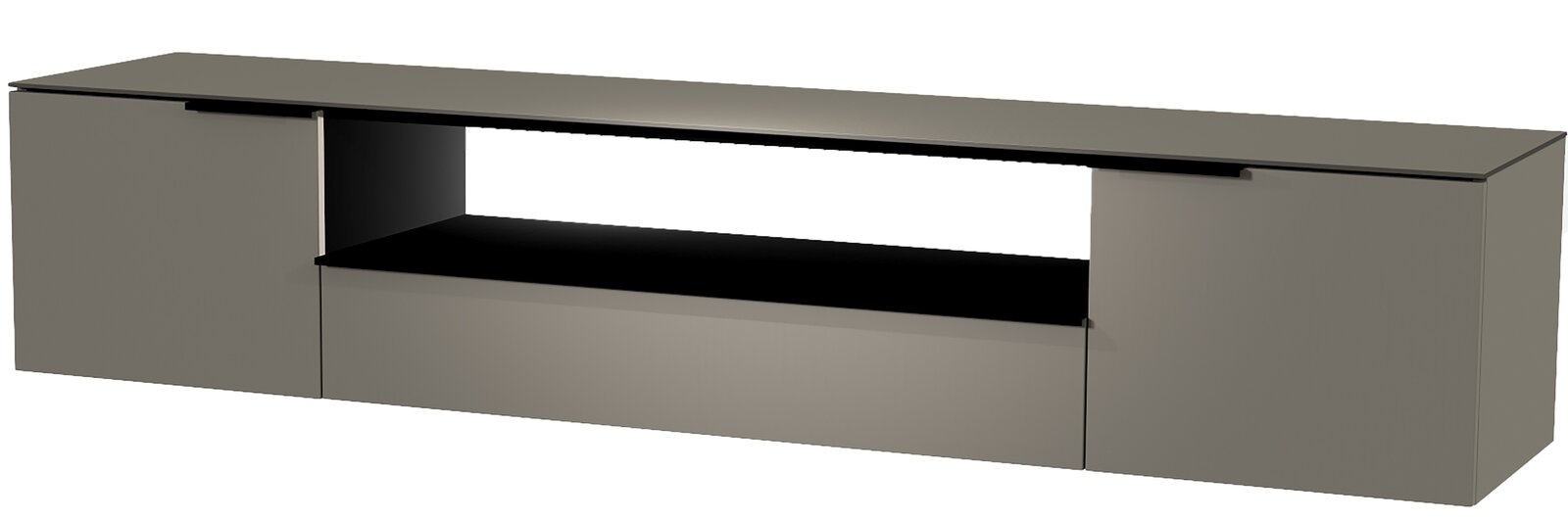 Moderano XL Hänge-Lowboard Serie BORMIO in seitlicher Perspektive, modernes Design mit offenen und geschlossenen Fächern.