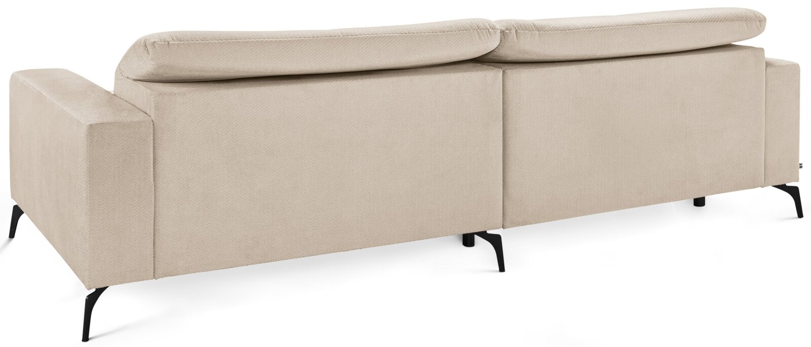 Beiges, modernes 2-Sitzer-Sofa mit gepolsterter Rückenlehne und schwarzen Metallfüßen, Ansicht von hinten in leichter Schrägperspektive