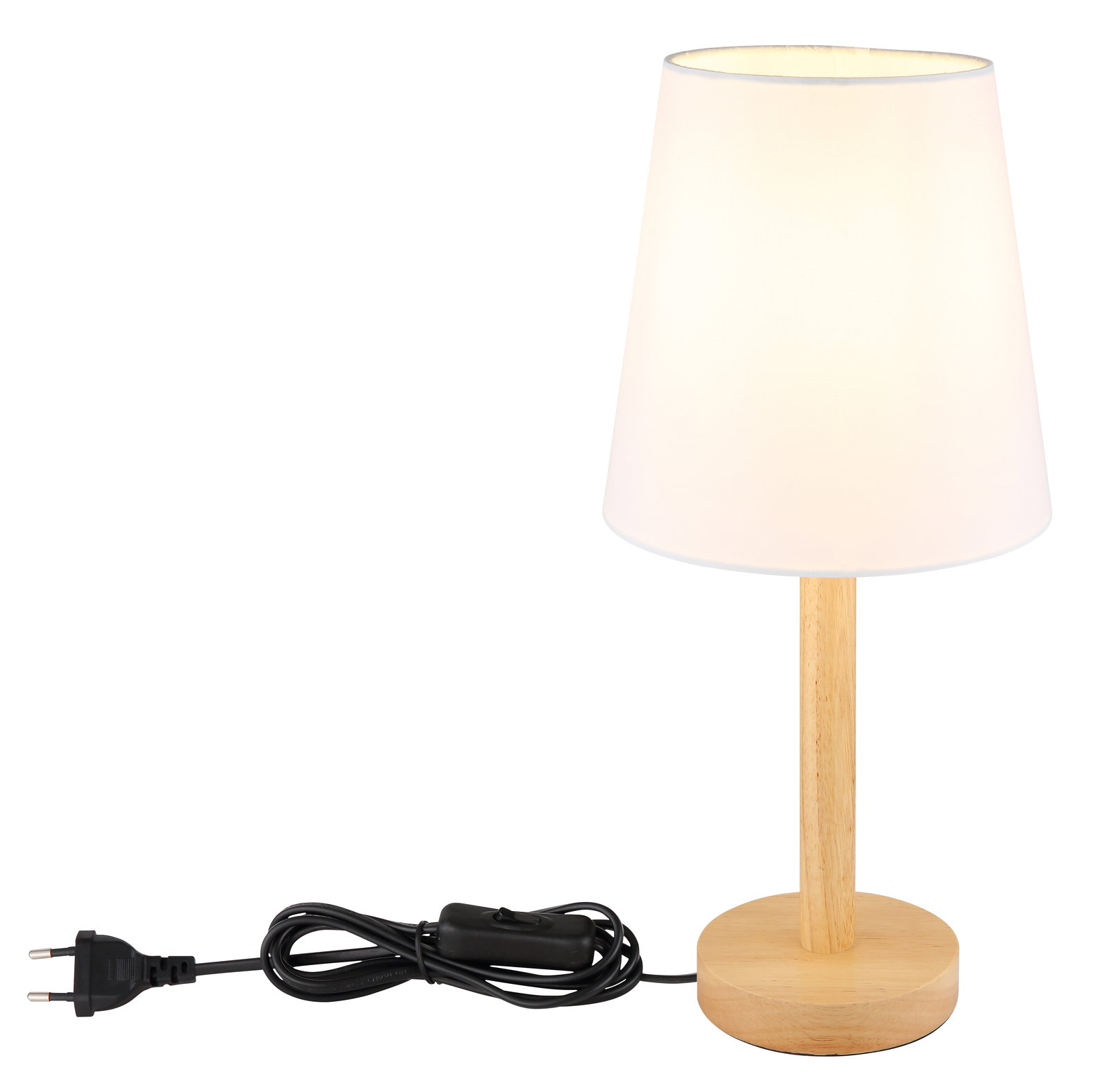 Tischleuchte mit weißem Lampenschirm und Holzfuß, seitliche Perspektive