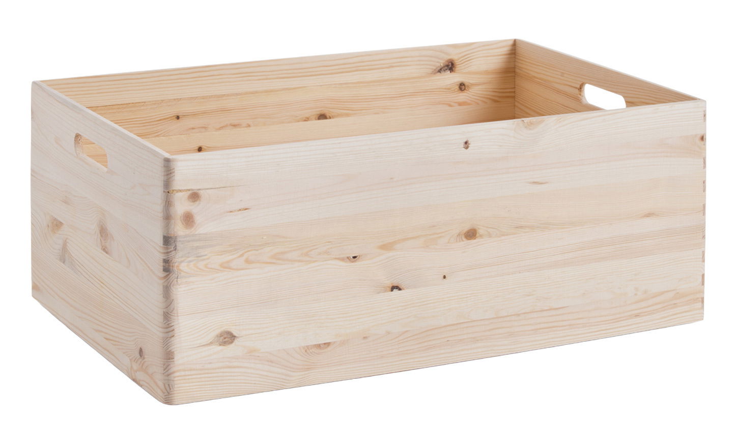 Holzkiste aus hellem Holz mit Griffen, perspektivisch von schräg oben fotografiert