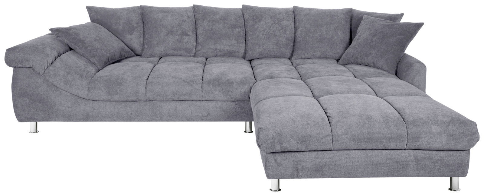 Graues Ecksofa mit weichen Kissen, Ansicht von vorne.