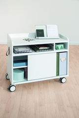 Moderner Caddy Container auf Rollen mit mehreren Fächern und Ablagen, seitliche Perspektive.