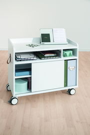 Moderner Caddy Container auf Rollen mit mehreren Fächern und Ablagen, seitliche Perspektive.