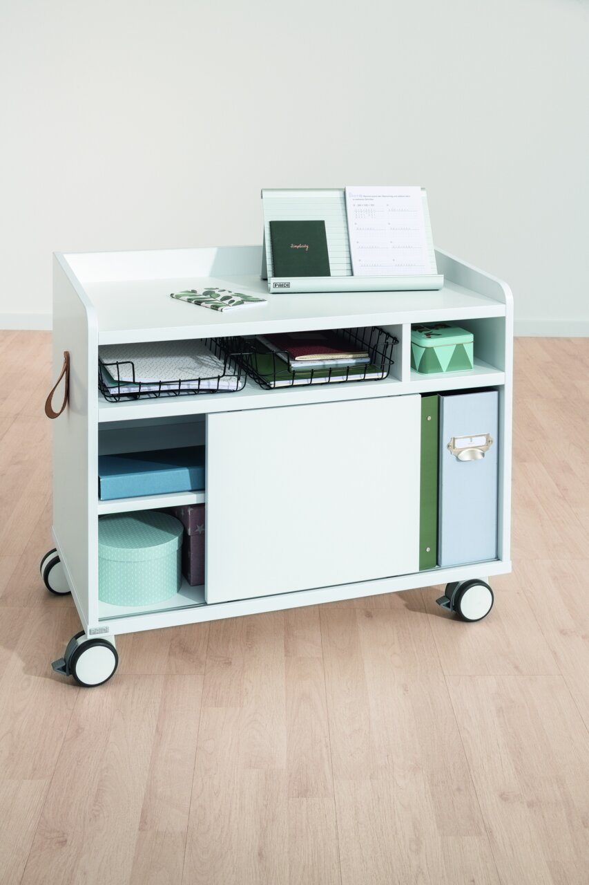 Paidi Caddy Container E-LION Moderner Caddy Container auf Rollen mit mehreren Fächern und Ablagen, seitliche Perspektive.