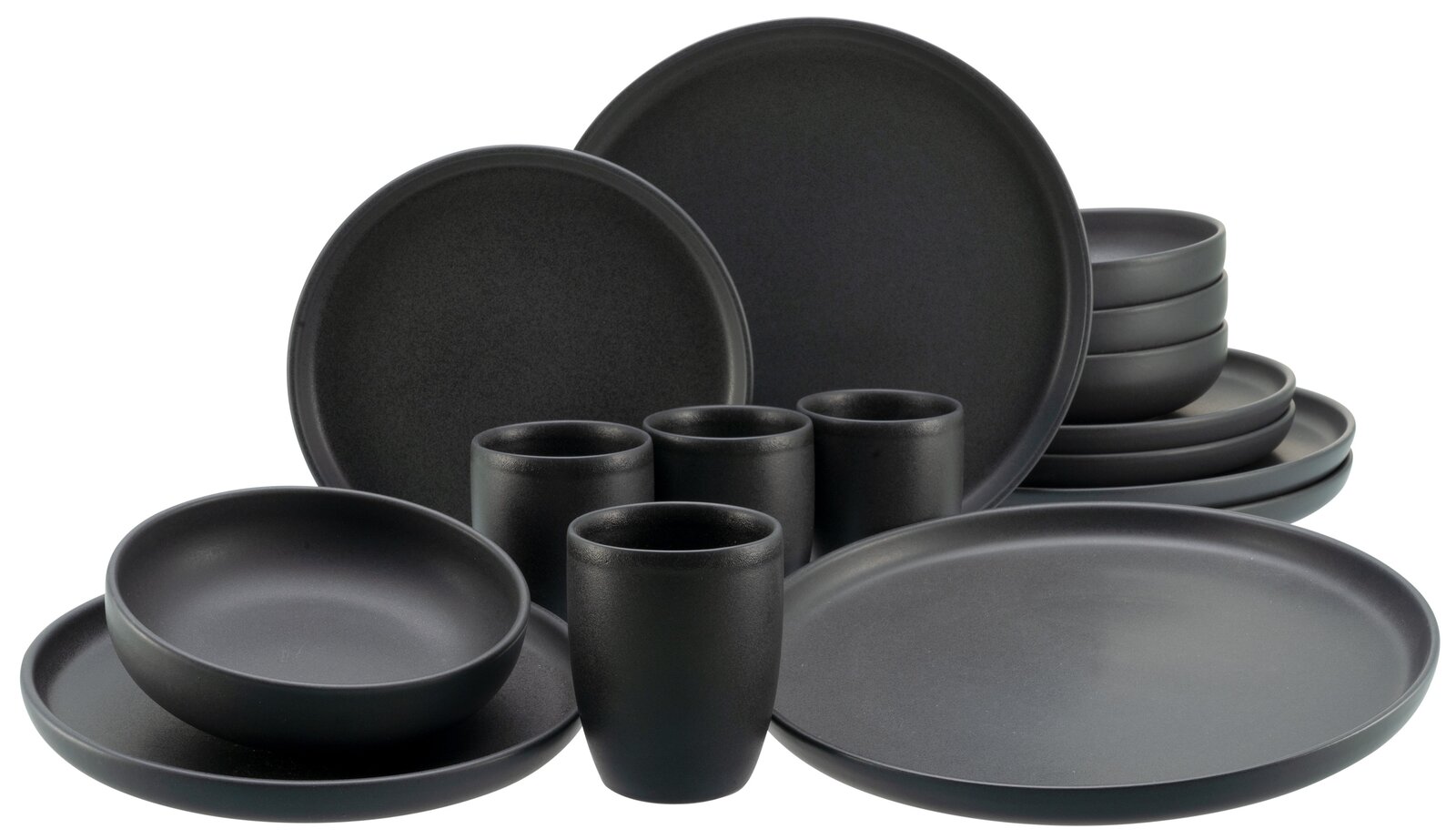 Creatable Kombiservice 16-tlg UNO Schwarzes Kombiservice 16-tlg aus Keramik, bestehend aus Tellern, Schalen und Bechern, in einer frontalen Perspektive.