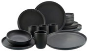 Schwarzes Kombiservice 16-tlg aus Keramik, bestehend aus Tellern, Schalen und Bechern, in einer frontalen Perspektive.