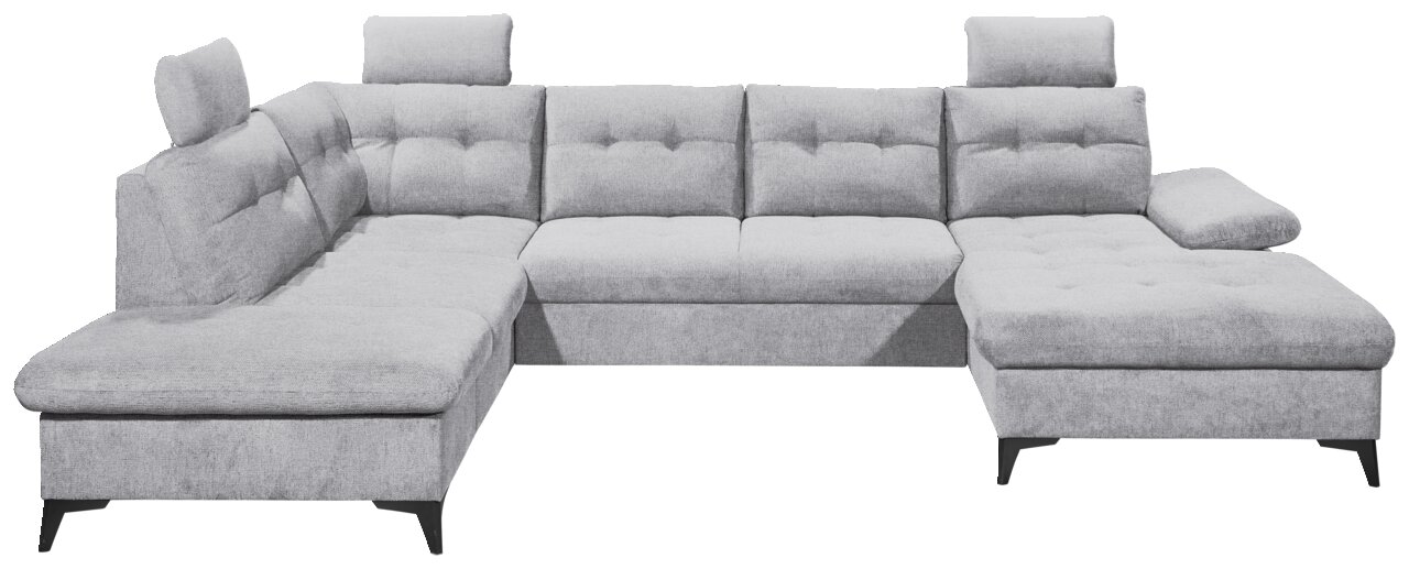 Graues, modernes U-förmiges Sofa mit verstellbaren Kopfstützen und Armlehne, Vorderansicht.
