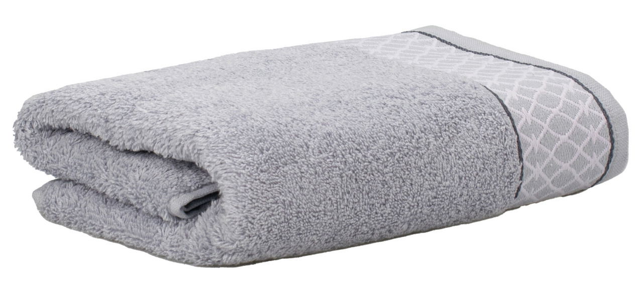 Graues Handtuch mit dekorativem Muster, seitliche Perspektive