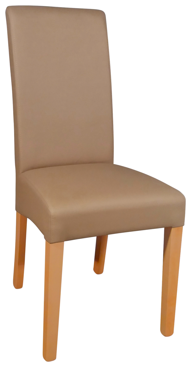 Moderner Stuhl mit beigem Polster und hellen Holzbeinen, seitliche Perspektive