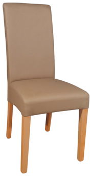 Moderner Stuhl mit beigem Polster und hellen Holzbeinen, seitliche Perspektive