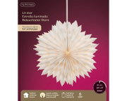 Frontalansicht eines warmweiß leuchtenden, weißen Papiersterns von Lumineo mit sechs LEDs, Batteriebetrieb und 6-Stunden-Timer für den Innenbereich