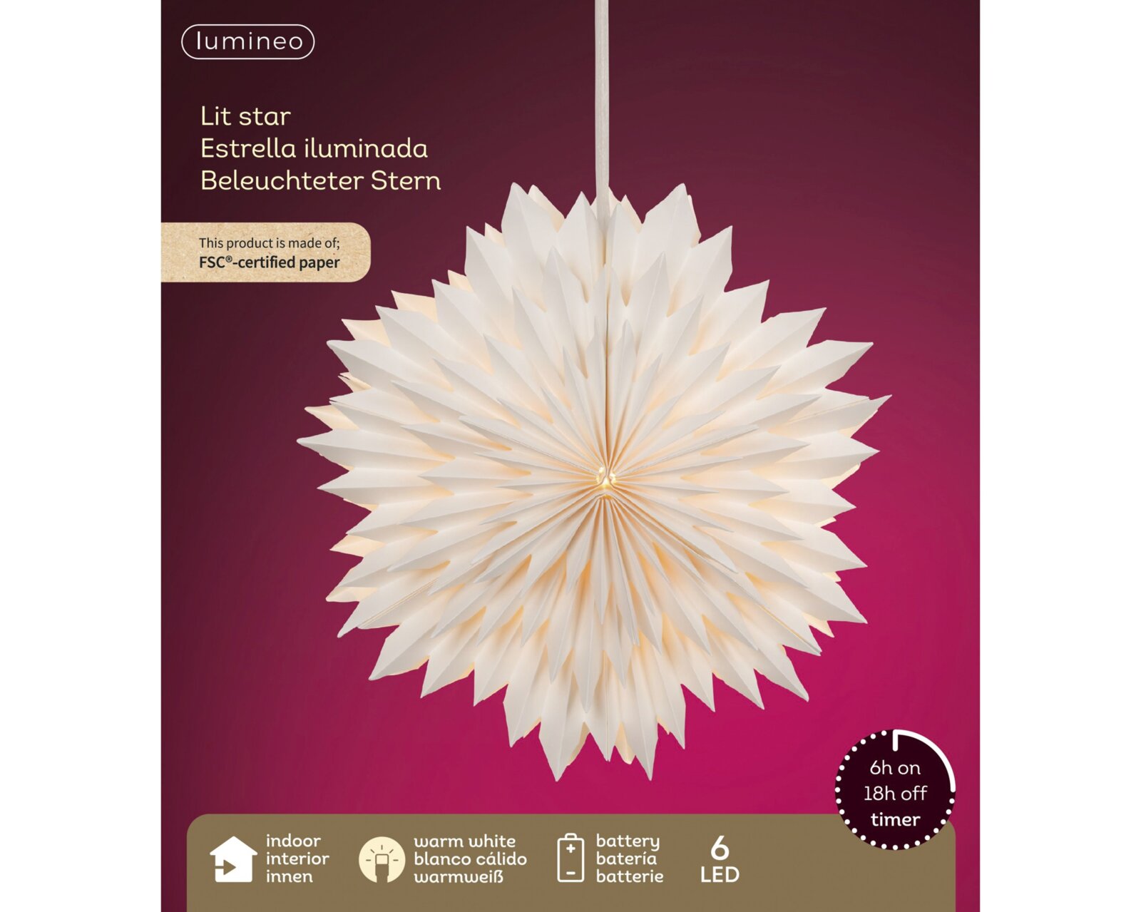 Frontalansicht eines warmweiß leuchtenden, weißen Papiersterns von Lumineo mit sechs LEDs, Batteriebetrieb und 6-Stunden-Timer für den Innenbereich