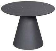 Moderner Beistelltisch mit runder, dunkler Tischplatte und konischem Sockel, seitliche Perspektive