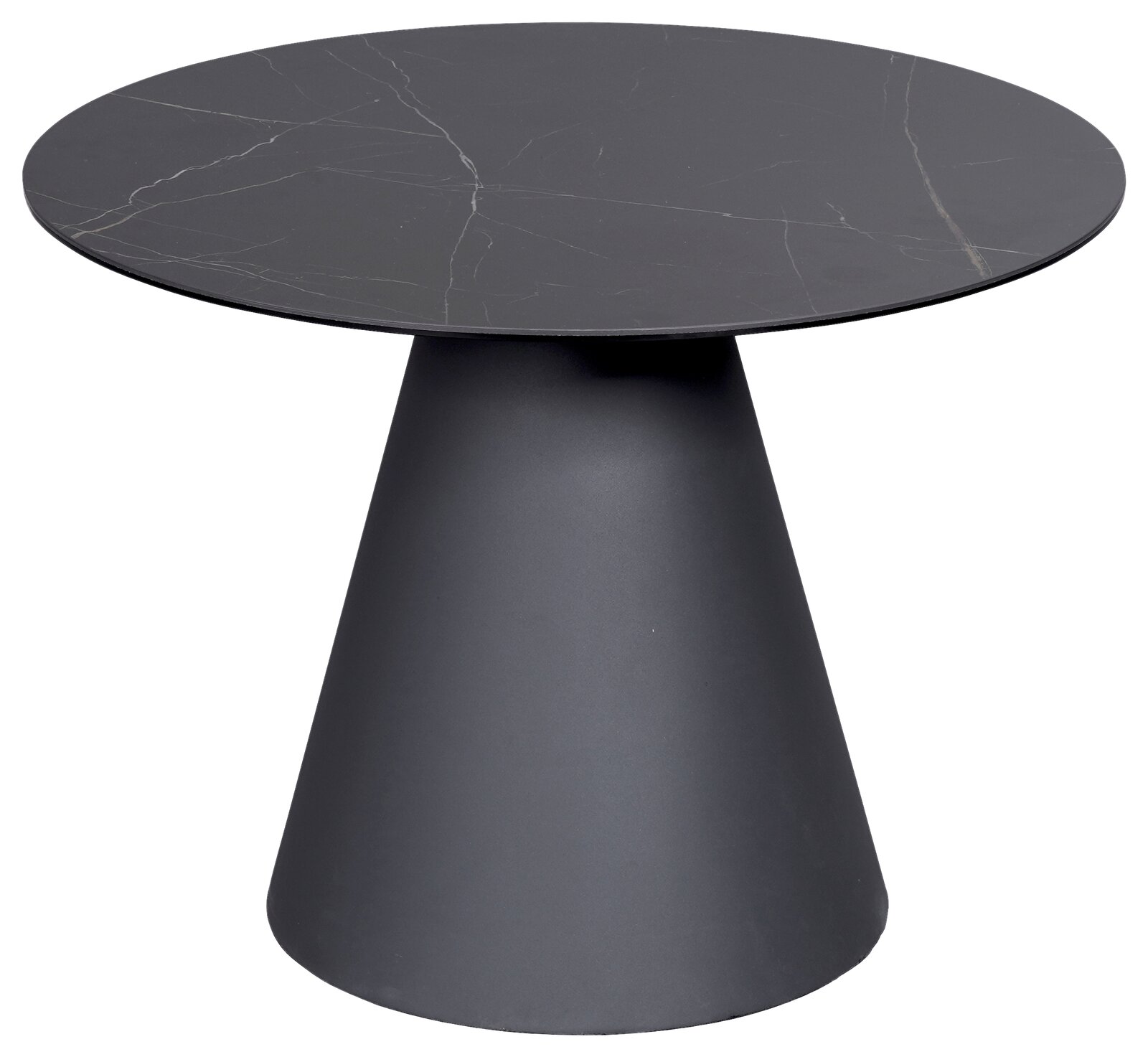Novel Beistelltisch COMO Moderner Beistelltisch mit runder, dunkler Tischplatte und konischem Sockel, seitliche Perspektive