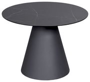 Moderner Beistelltisch mit runder, dunkler Tischplatte und konischem Sockel, seitliche Perspektive