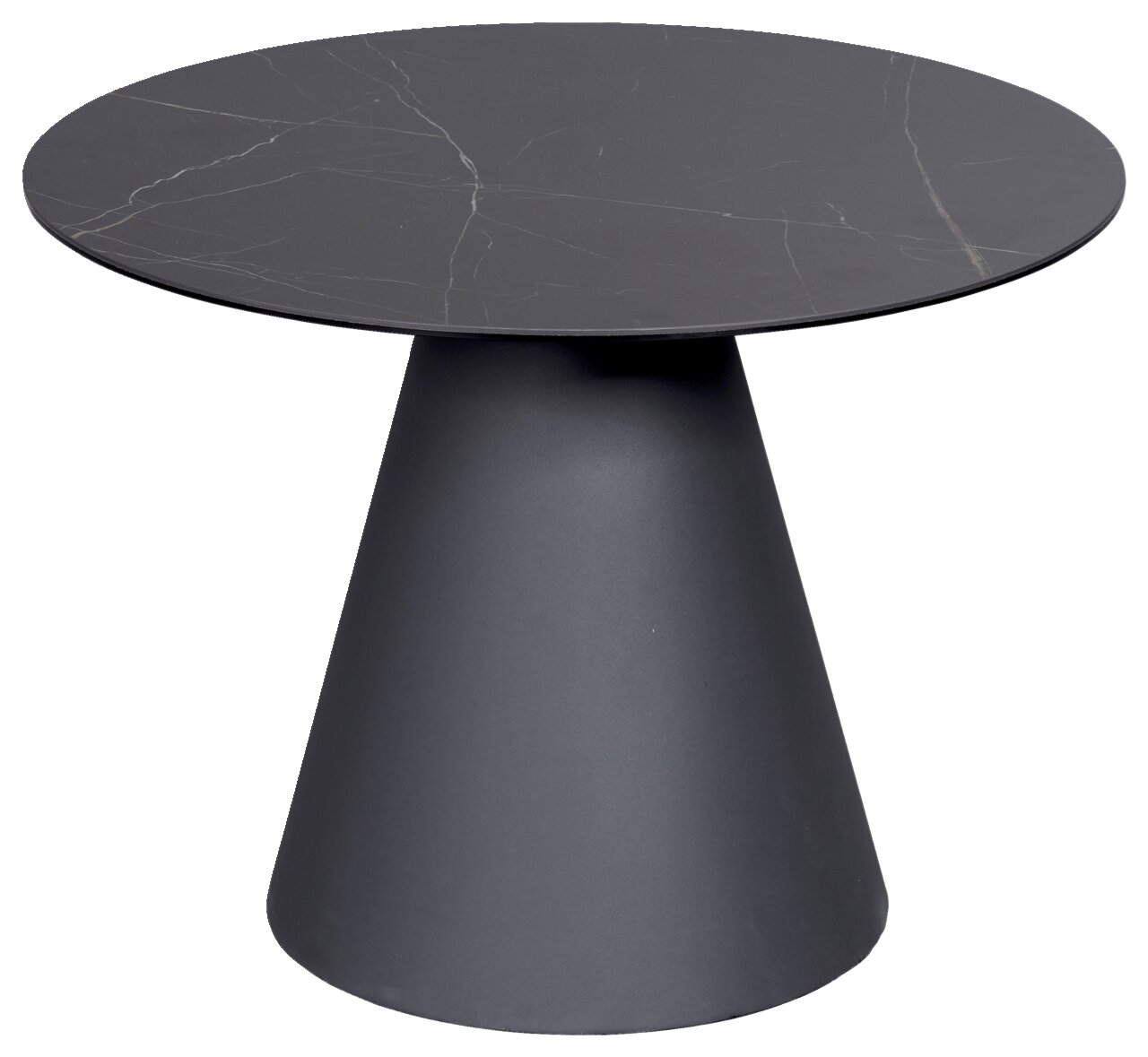 Novel Beistelltisch COMO Moderner Beistelltisch mit runder, dunkler Tischplatte und konischem Sockel, seitliche Perspektive