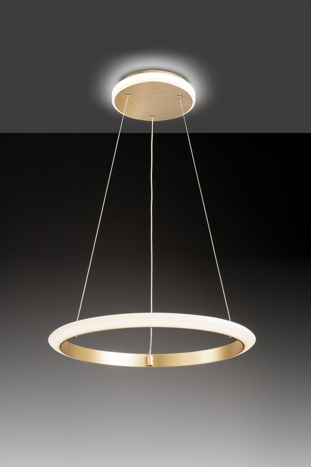 Moderne Pendelleuchte in Ringform aus goldfarbenem Metall, von unten betrachtet.