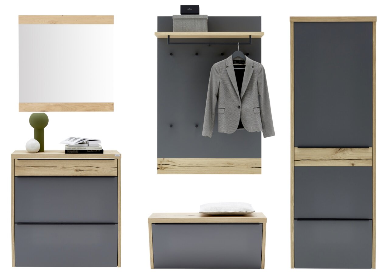 Garderobenmöbel-Set in Eiche-Optik und Anthrazit mit Spiegel, Wandpaneel mit Hutablage und Haken, Schuhschrank, Sitzbank und Hochschrank, gezeigt in Frontansicht