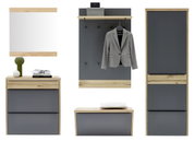 Garderobenmöbel-Set in Eiche-Optik und Anthrazit mit Spiegel, Wandpaneel mit Hutablage und Haken, Schuhschrank, Sitzbank und Hochschrank, gezeigt in Frontansicht